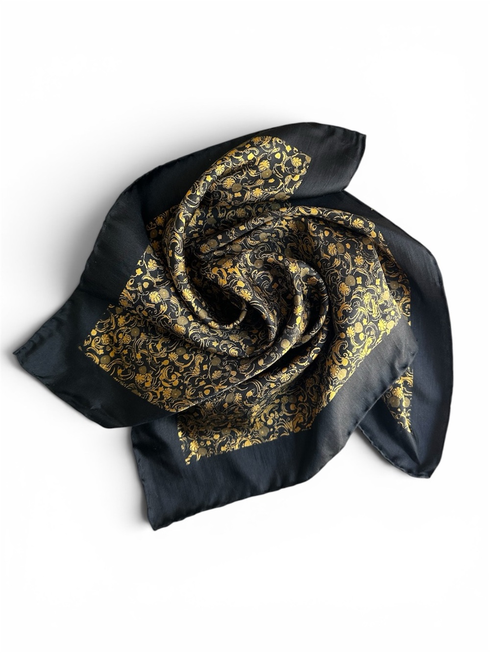 Vintage Silk Black and Gold Floral Silk Scarf